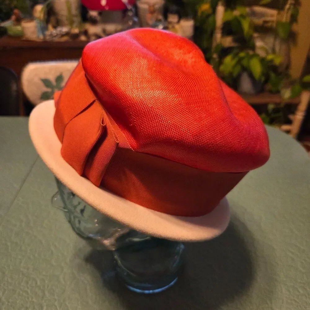 Vintage 1950s Pillbox Hat Ellen Faith Paris-New York Red Avant Garde Straw Small